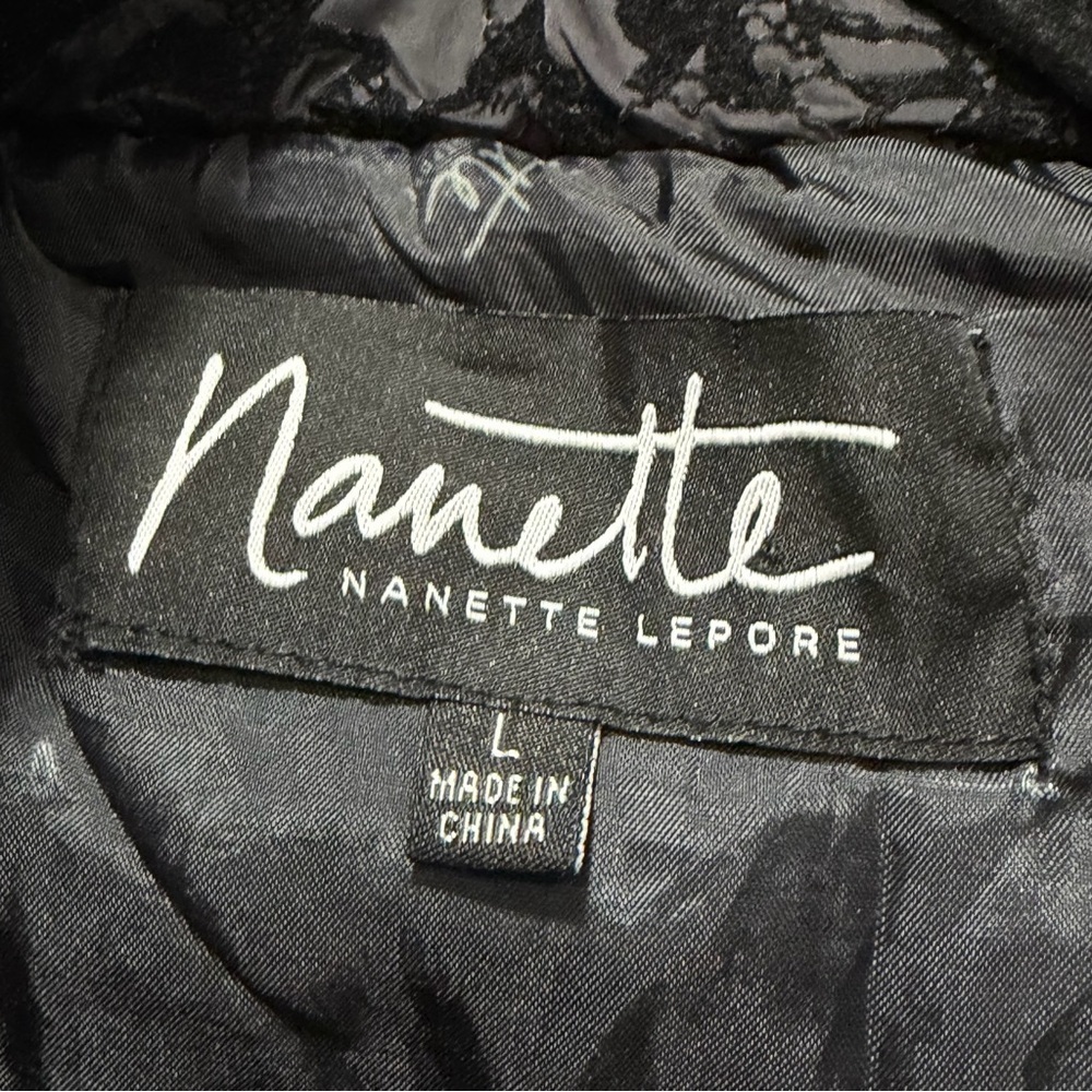 Nanette Lepore Black Lace Overlay Puffer Jacket | Hooded Zip Coat | Size Large - Picture 8 of 8